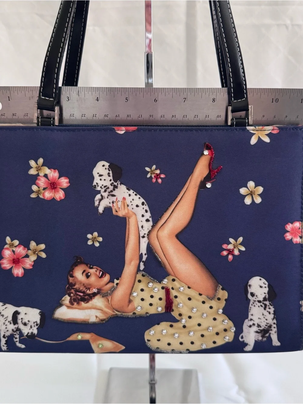 Navy Pin-Up Print Shoulder Bag with Dalmatian Motif